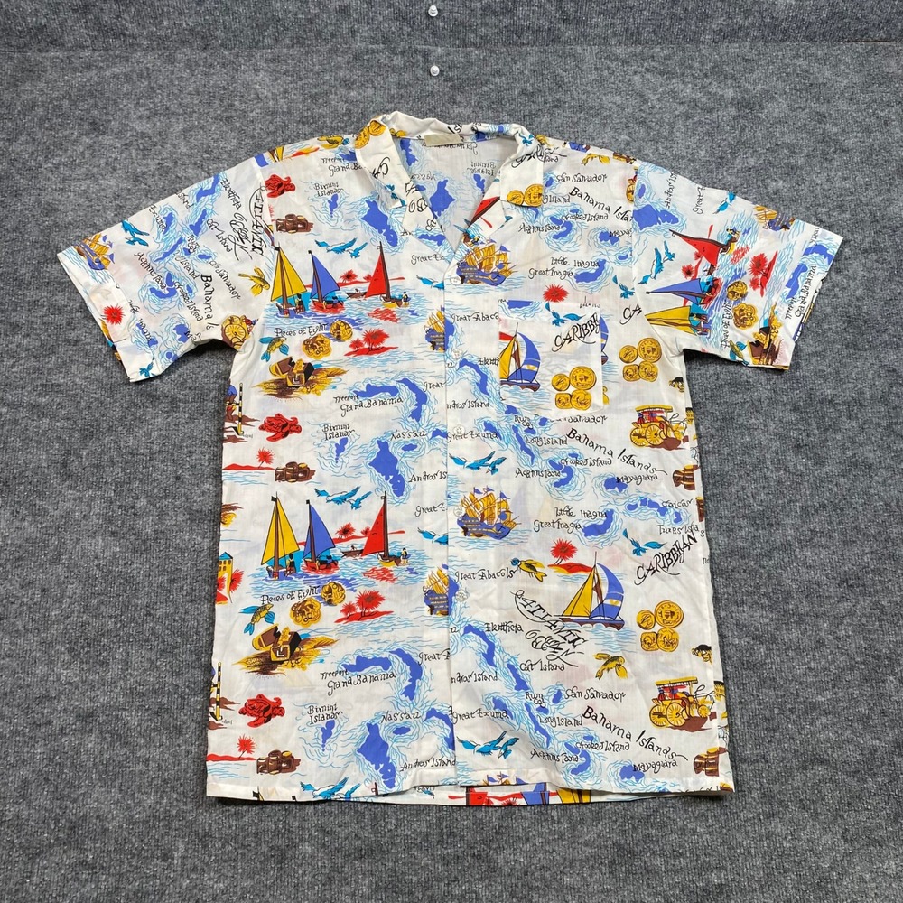 Vintage Bahama Paradise Caribbean Map Print Short Sleeve Button Down Shirt L